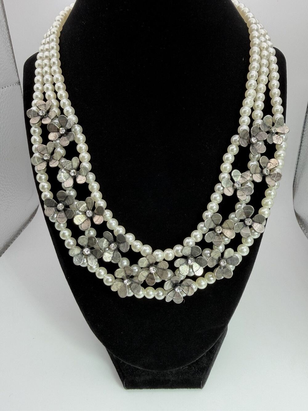 Faux Pearl & Silver Tone Flower Triple Strand Necklace Rhinestone Accents